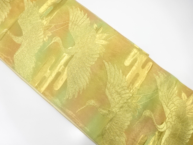 JAPANESE KIMONO / ANTIQUE FUKURO OBI / SILK / WOVEN CRANES & EGASUMI